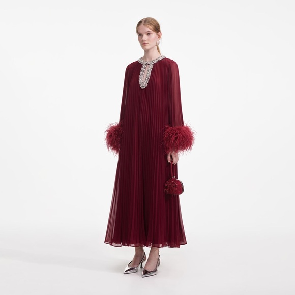 Self Portrait BURGUNDY CHIFFON FEATHER MIDI DRESS $950 NEW without tag - Picture 4 of 8